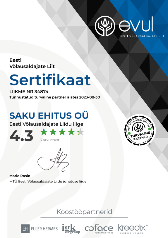 Saku Ehitus sertifikaat - Eesti Võlausaldajate Liit